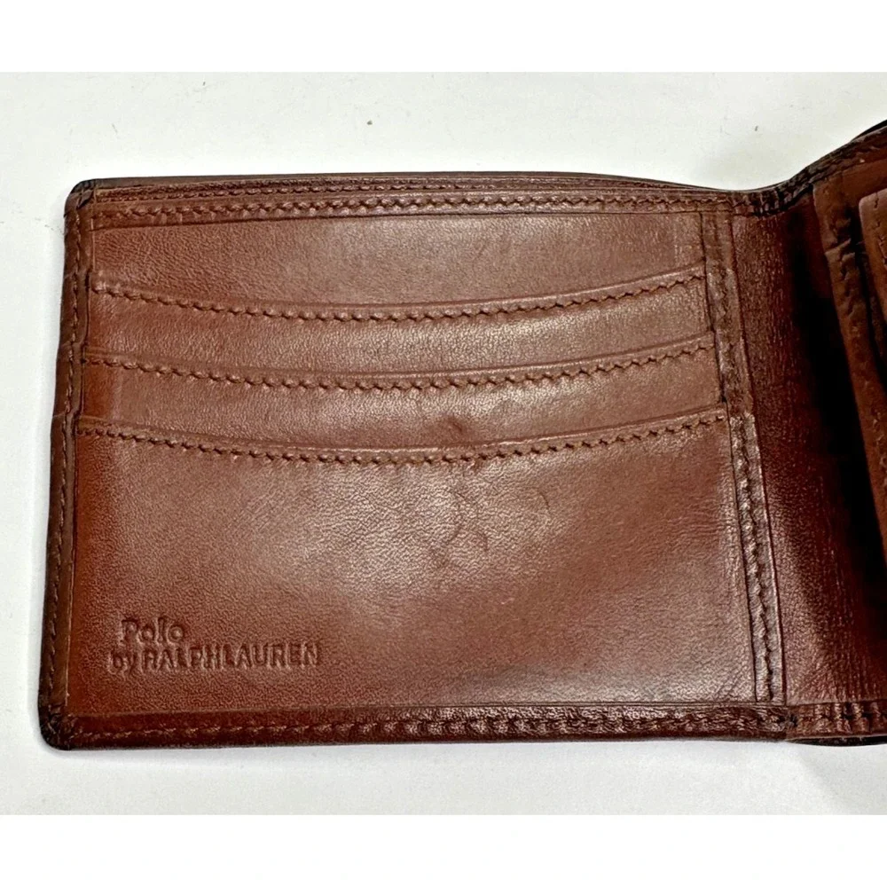 Ralph Lauren Polo Bifold Wallet Hunter Plaid Brown Leather Coin Pocket 90s